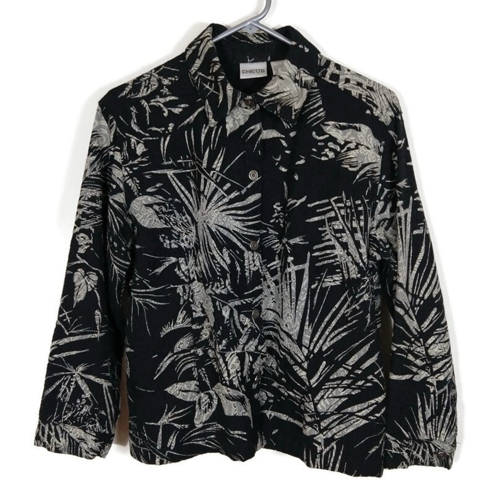Chico's Size 1 Black and Cream Leaf Print Jacket Blazer